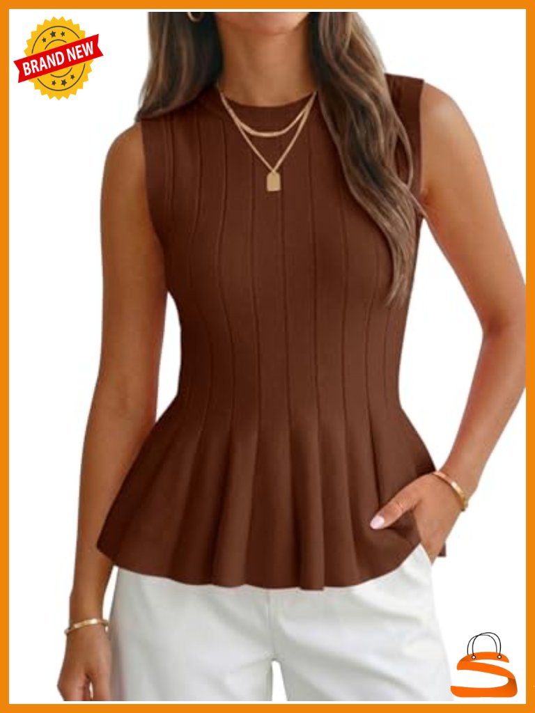Pleated Peplum Tank Top Fitted Ribbed Knit Crew Neck Summer Vest
